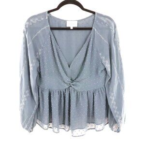 Böhme Swiss Dot Chiffon Blouse Womens L Blue Gypsy Flowy Boho Airy Grannycore‎